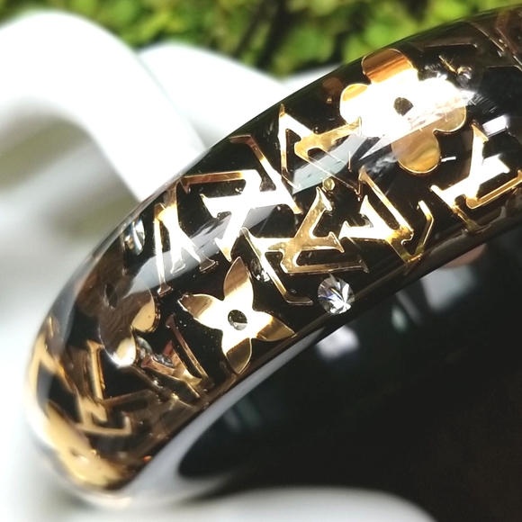 HP LOUIS VUITTON Elegant INCLUSION Shiny Black Gold Bangle Resin LV Bracelet LN - Picture 9 of 16